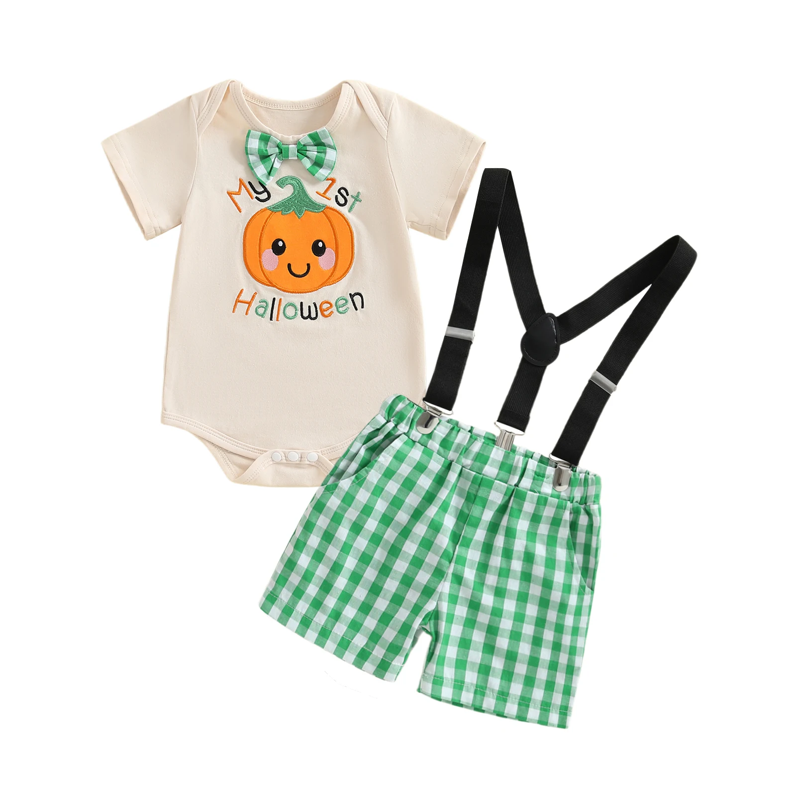 

Baby Boy Halloween Outfit Pumpkin Letter Embroideried Short Sleeve Romper with Plaid Suspender Shorts 2 Pcs Set