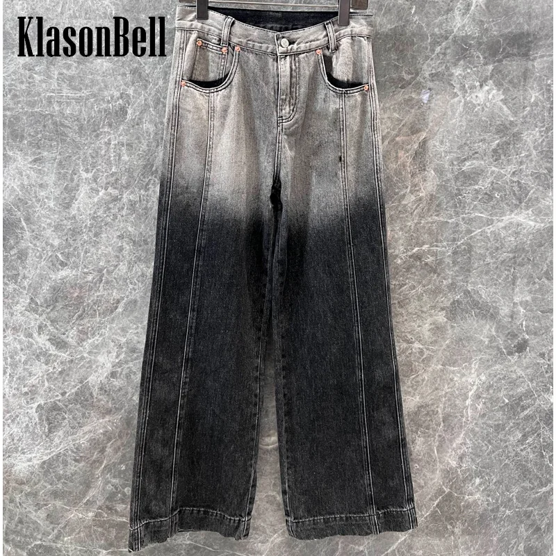 

8.14 KlasonBell Womens Streetwear Fashion Gradual Jeans Washed Cotton Denim Spliced Decoration Loose Wide Leg Pants