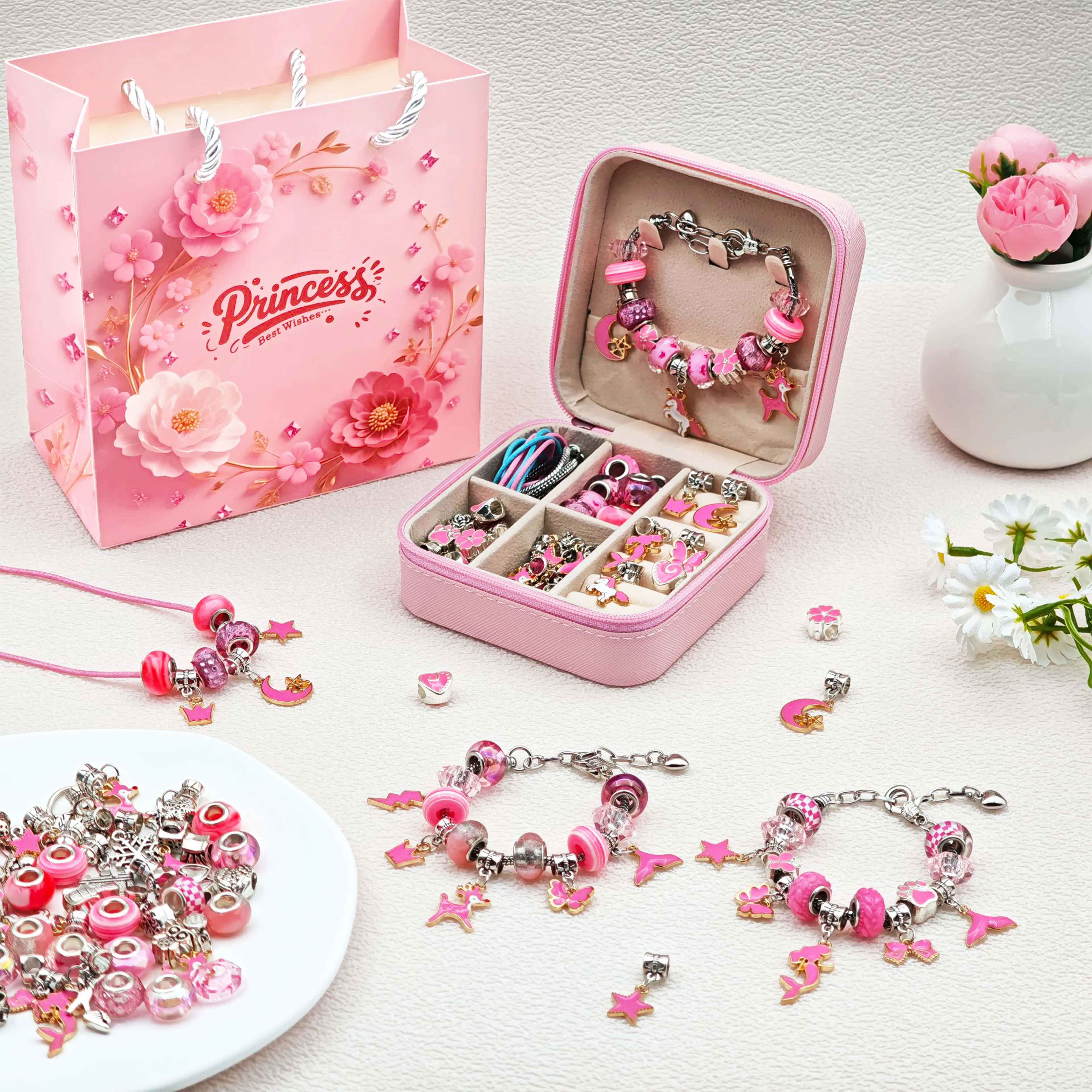 طقم مجوهرات مطرز بالخرز الوردي مكون من 68 قطعة، طقم صنع سوار ساحر مع صندوق مجوهرات وردي، لعيد الميلاد والكريسماس ومجوهرات السنة الصينية الجديدة