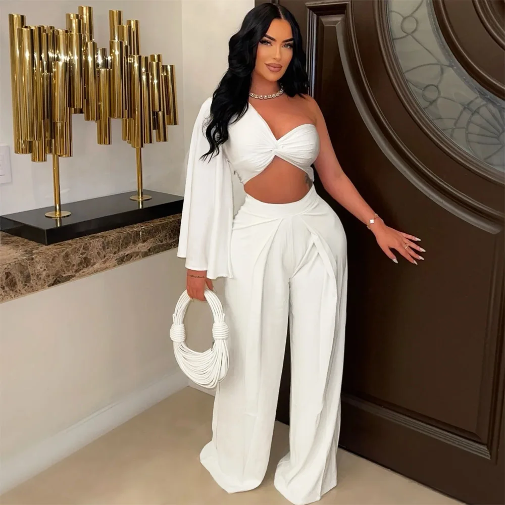 Ladies Sexy Two Piece Pant Set Outfits Matching Set Women Wide Leg Pants One Shoulder Tops 2 Piece Sets Elegant Luxury Outfits