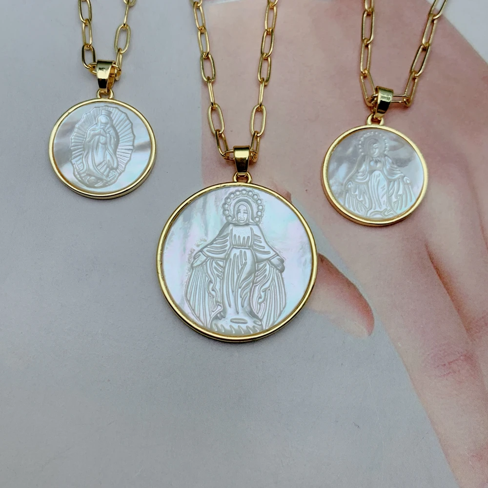 

Religious Faith Mother of Pearl Shell Virgin Mary Pendant Necklace For Women Gold Color Round Guadalupe Charm Jewelry Gift