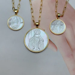 Religious Faith Mother of Pearl Shell Virgin Mary Pendant Necklace For Women Gold Color Round Guadalupe Charm Jewelry Gift