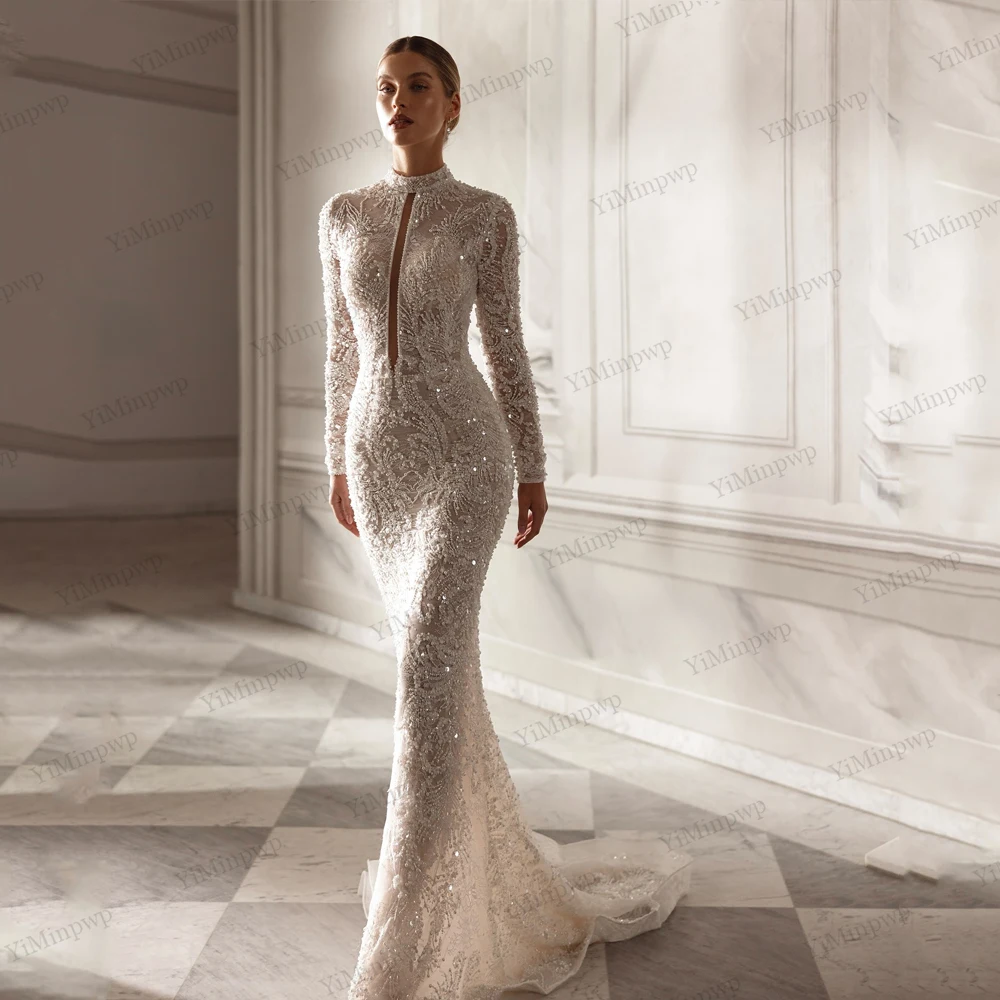 Sequined Mermaid Lace Wedding Dresses Luxury 2025 Full Sleeve High Neck Zipper Back vestido de novia para boda Customized