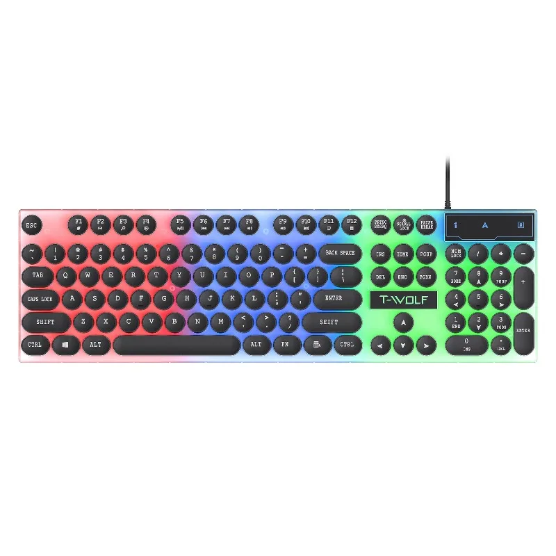 T-WOLF T11 Retro Punk Round Keycaps USB Wired Gaming Keyboard, 104 Keys Colorful RGB Backlight For PC Laptop Office Gift Choice