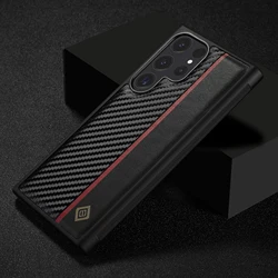 Carbon Fiber Grain Leather Case For Samsung Galaxy S26 S25 S23 S24 S22 S21 S20 FE Note 20 Ultra S10 Note10 Plus Metal Logo Cover