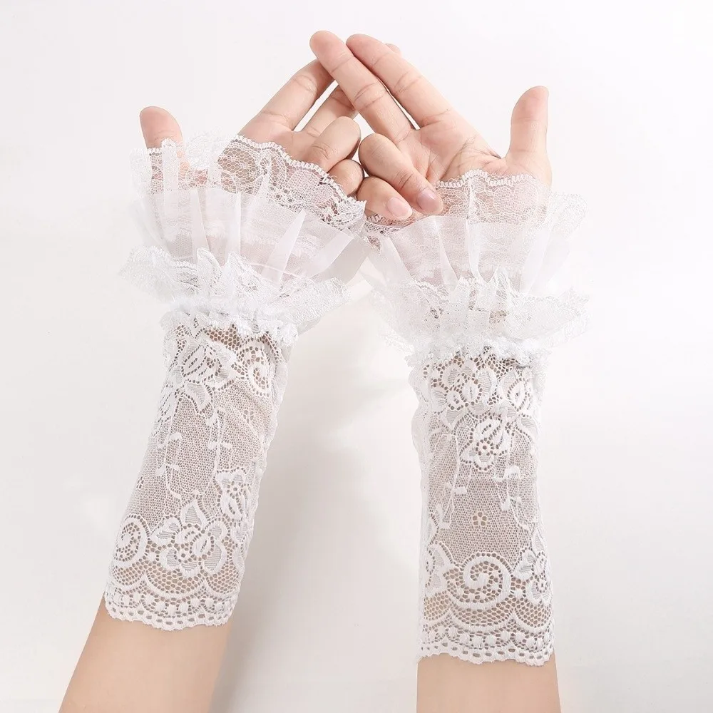 1pair Fashion Muti-Layer Fingerless Gloves Lace Long Horn Cuffs Mesh Flared Sleeves Sweater Decorative Girls