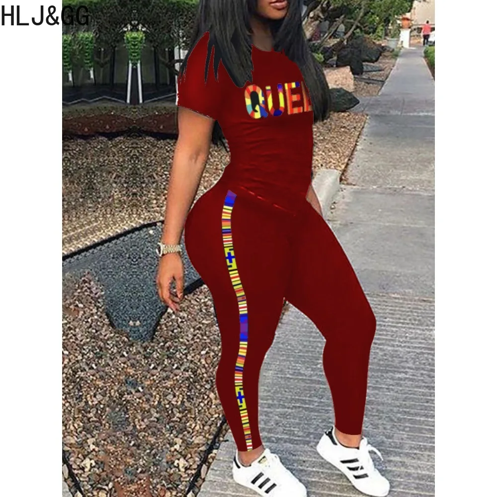 HLJ&GG Casual Queen Letter Printing Clothes Women Round Neck Short Sleeve Top And Jogger Pants Two Piece Sets Female Tracksuits