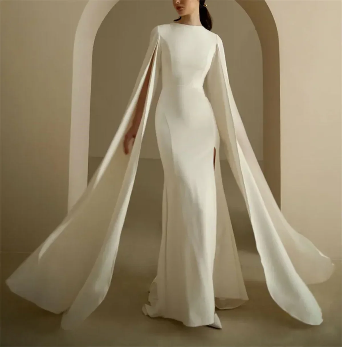 Flavinke Simple Saudi Arabia Ivory Wedding Dresses Crewneck Cape Sleeves To Floor Mermaid Evening Dresses Vestidos De Novia