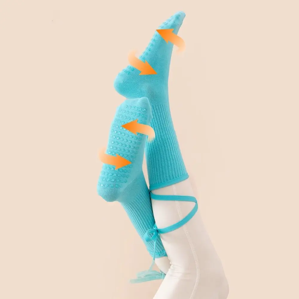 

Colorful Silicone Dots Lace-up Yoga Socks Mid-calf Cotton Pilates Socks Women Anti Slip Floor Hosiery Mid Length Socks Pilates