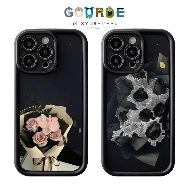 

Gourde Premium Casing Black Pink Rose Pattern Phone Case for Iphone 15 14 12 13 11 Pro Max IP 7 8 Plus Iphon X XS XR Xs Max