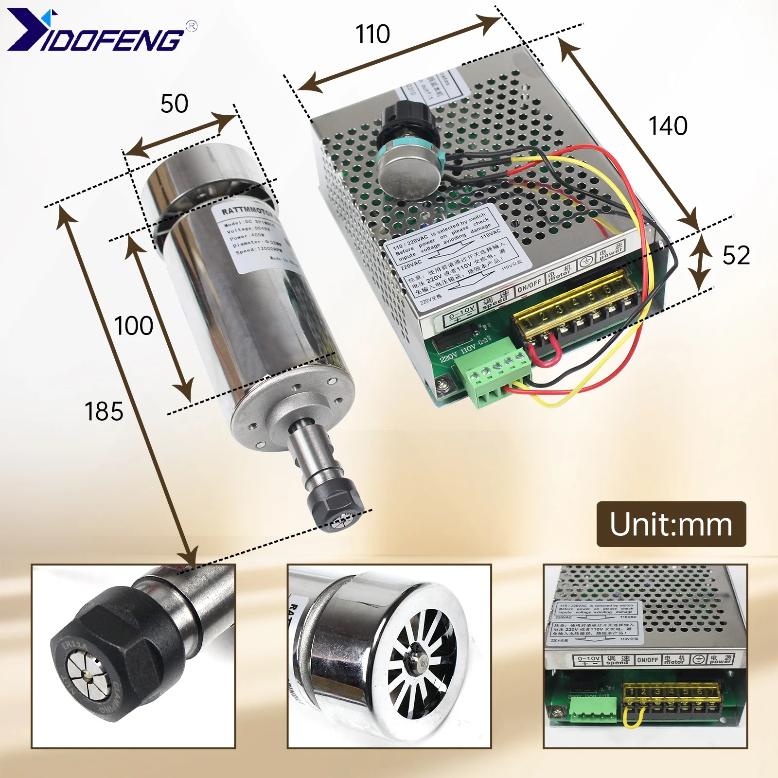 300W/400W CNC Spindle Motor ER11/ER16 DC 12-48V 12000rpm & Power Supply & 52mm Spindle motor Mount Clamp