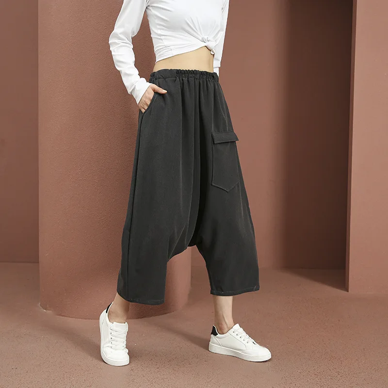 Wide Leg Cross-pants Women Summer Solid Color Baggy Streetwear Hip Hop Mid Waist Pocket Trousers Casual Dance Joggers Bloomers