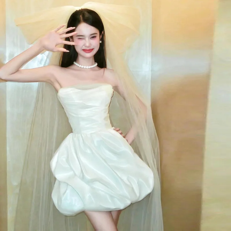 

French Travel Photography Light Wedding Dress Satin Strapless Morning Gown Short White Dress Engagement Dress2026new Short Skirt