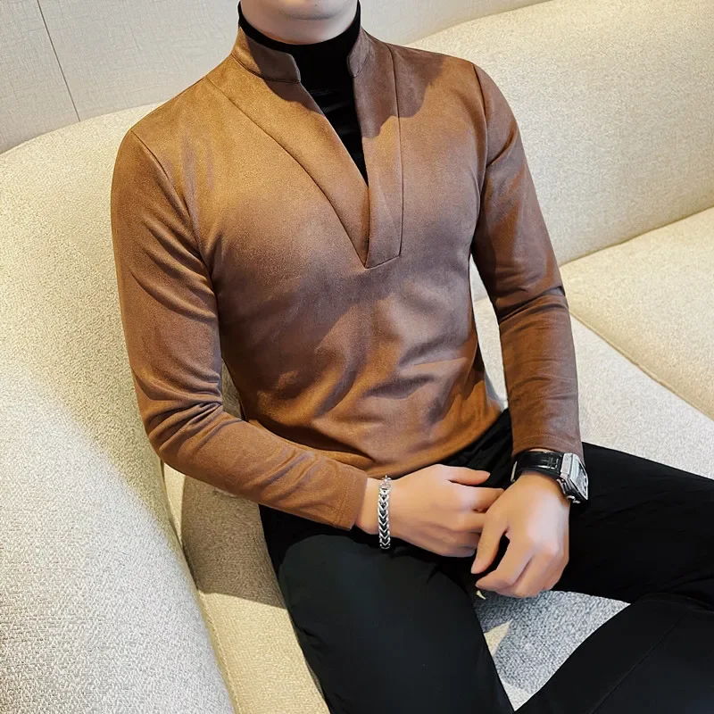 Fashion Fake Two Long Sleeved T-shirts 2024 Autumn Winter New Solid Color Business Slim Fit Casual Tees Men Clothing 4XL-M