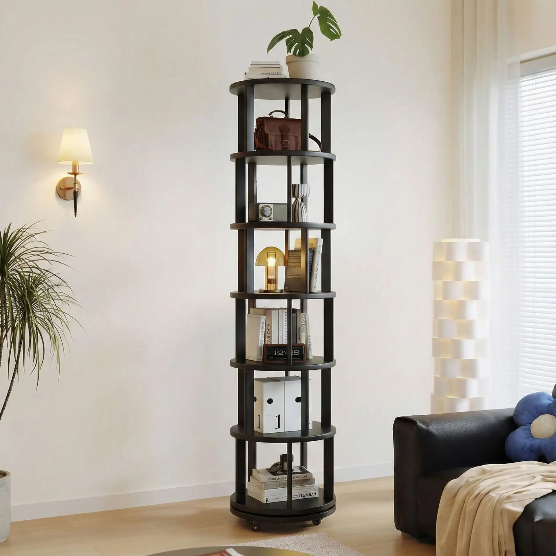 Pure solid wood bookshelf Rotatable bookcase Bookshelf Floor shelf Integrated display shelf against the wall