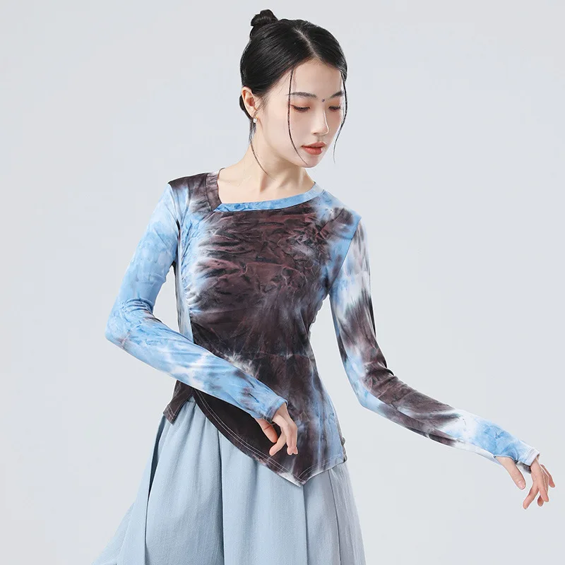 Tie Dye Floral Print Dance Shirt Finger Thumb Long Sleeve Tee Dancewear Women Tops Fancy Cloth Classical Modern Dance Stage 2024