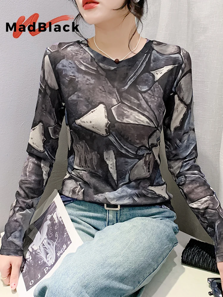 MadBlack-European 2025 Spring T-Shirt, Sexy Women's O Neck Geometry Printed Top, Streetwear Long Sleeve Slim Mesh Tee T51705CC