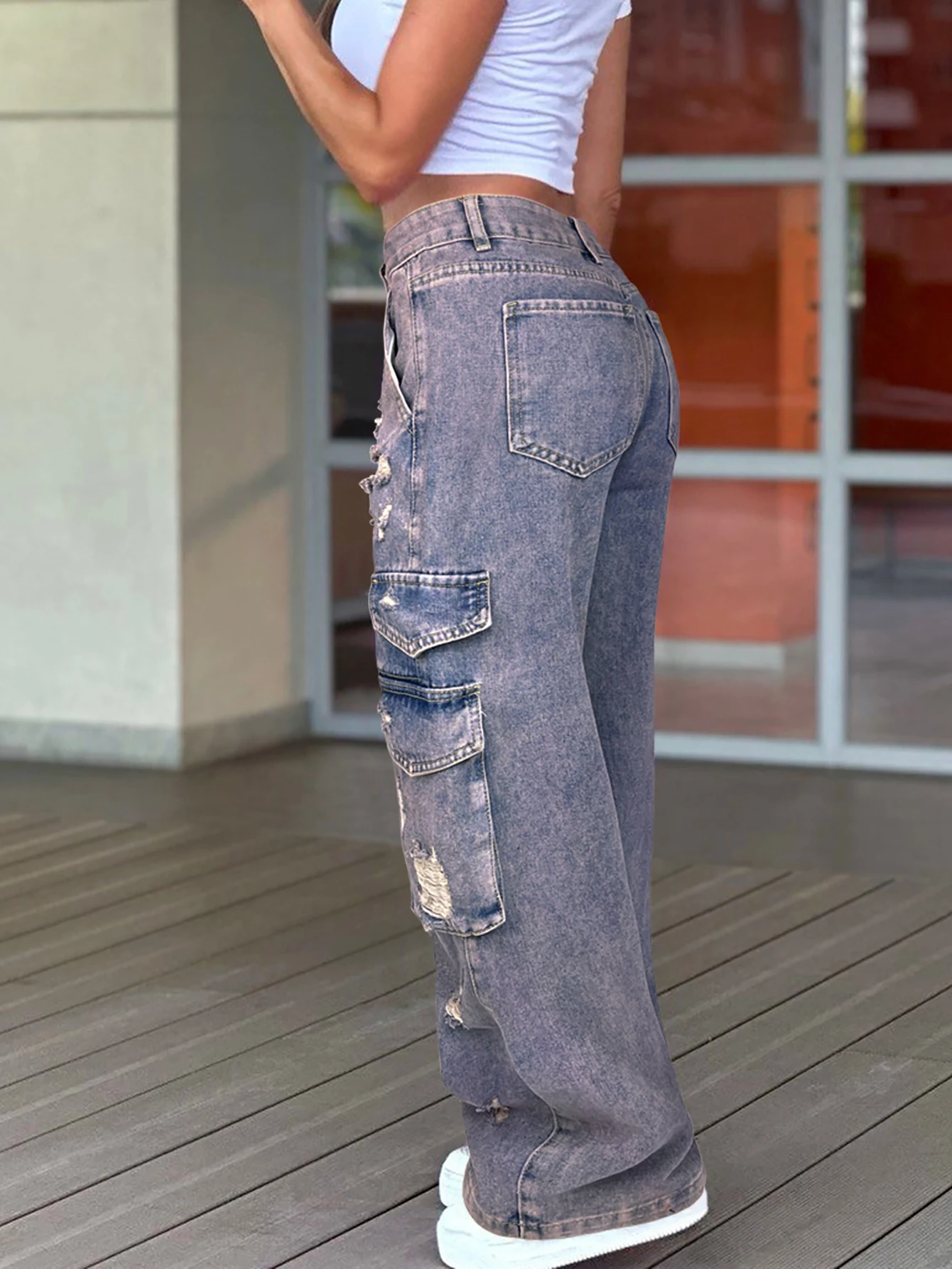 Vintage Säuregewaschene Utility-Jeans mit hoher Taille und weitem Bein, Grunge Washed Distressed Low Rise Straight Baggy Jeans Damen