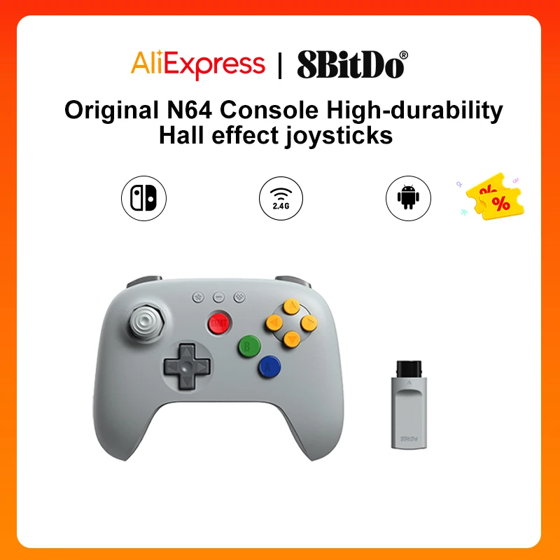

8BitDo N64 2.4G контроллер для оригинальной N64 / Analogue 3D / Windows PC, ретро-геймпад с низкой задержкой (серый)