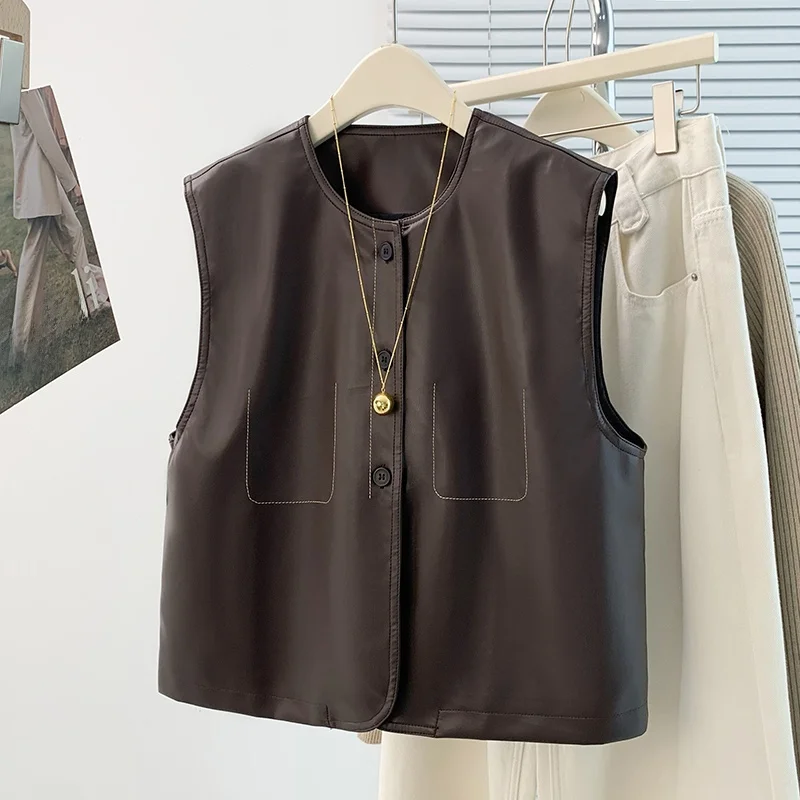 Casual Simple PU Leather Vest Loose Fit Single Button Outerwear for Women Autumn Fashionable Biker Jacket Basic Style