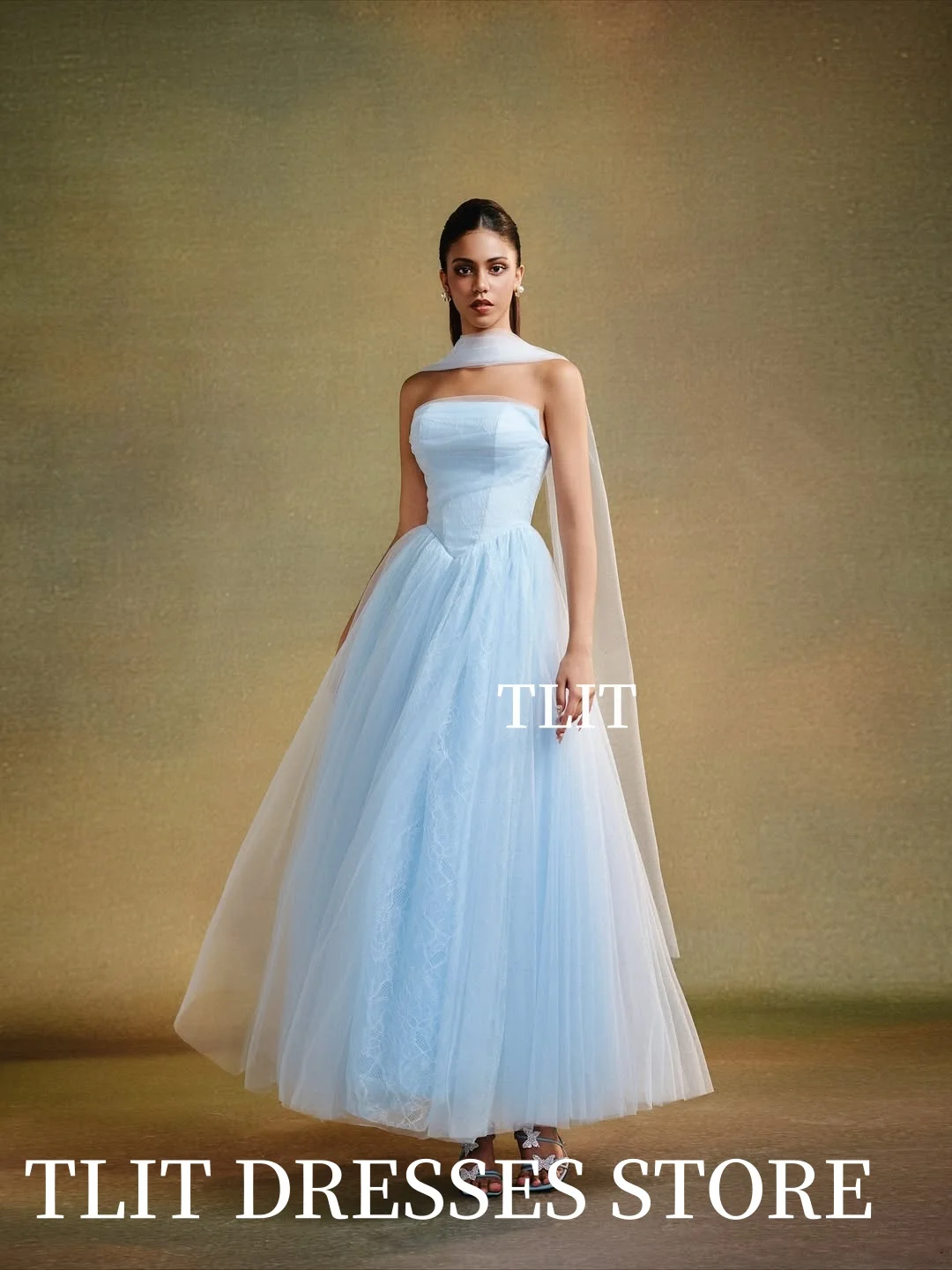 Elegancka, błękitna koronkowa suknia wieczorowa bez ramiączek, suknia balowa z szalem, sukienki na przyjęcie szyte na miarę, vestidos de fiesta szyte na miarę.