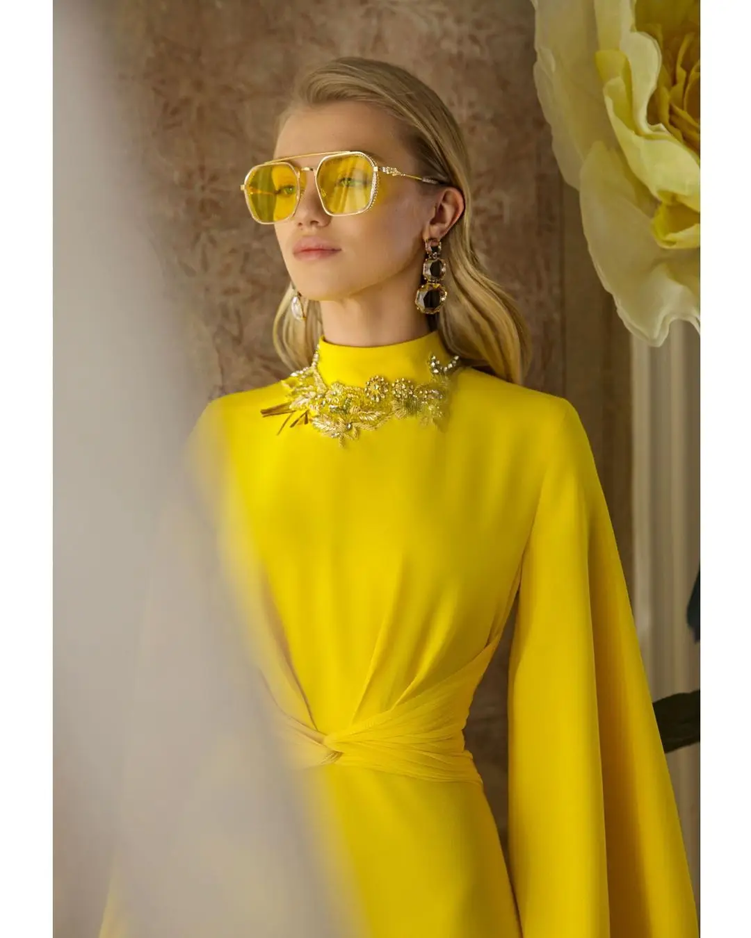 CustomizedProm Dress High Neckline Long Sleeve Yellow Ruched Formal Occasion Evening Gown فساتين Vestidos De Graduación Robes  S