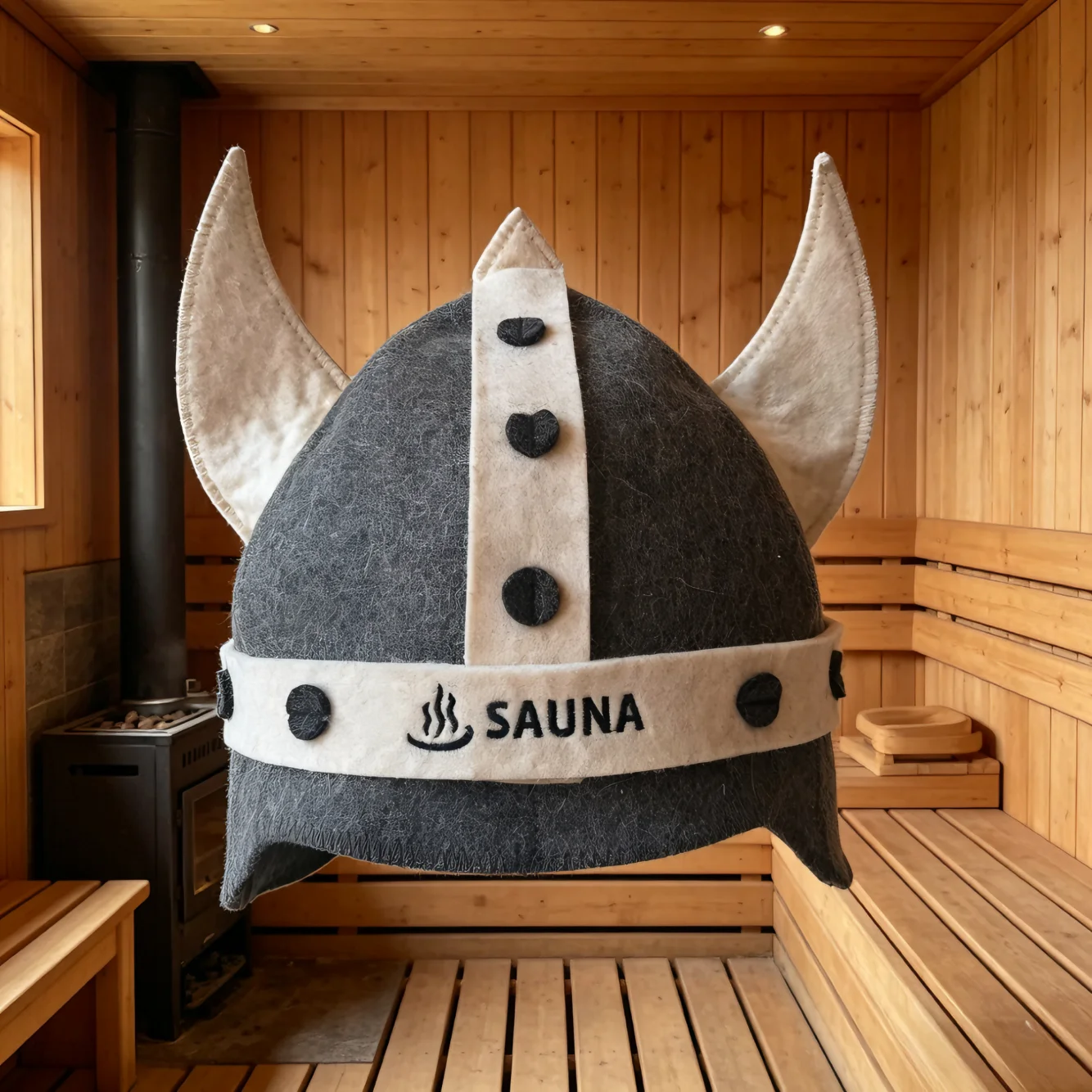 Image of Wikinger-Hornmütze aus Wollfilz, Reine Wolle Russische Banja-Mütze, Wärmeisolierend und Verbrühungsschützend, SPA-Bademütze mit SAUNA-Stickerei, Unisex
