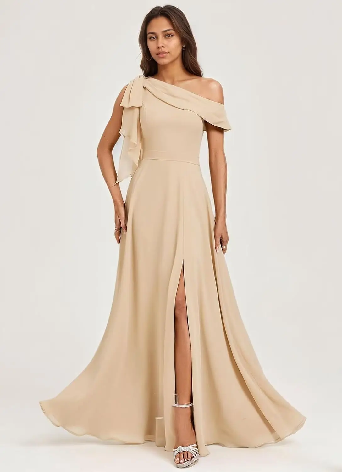 원숄더 롱 브라이드메이드 드레스 쉬폰 빅 보우 A라인 볼 드레스 여성용 우아한 정장 이브닝 드레스, 칵테일 드레스