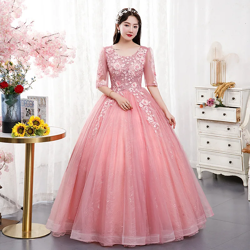 Appliques Lace Flowers Half Sleeves Prom Dress Long Scoop Neck Party Gown for Women Lace Up Floor Length Tulle robes quinceanera