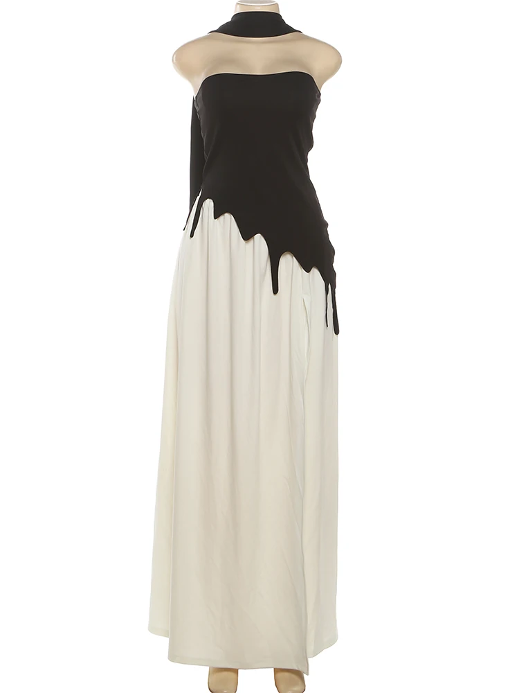 Nibber Elegante Set da 3 pezzi Donna Corsetto irregolare sexy senza schienale Top + Sciarpa solida + Gonna arricciata con spacco alto Abito patchwork a contrasto