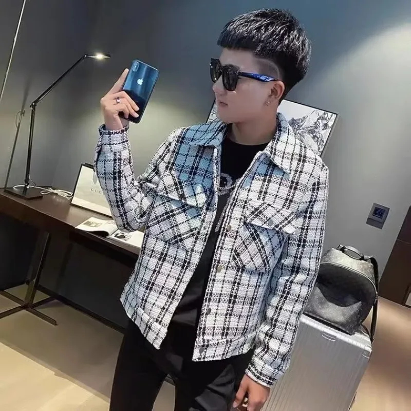 

Autumn and winter Korean version woven fabric jacket, small incense grid, plaid top, men's trench coat thickened jacket