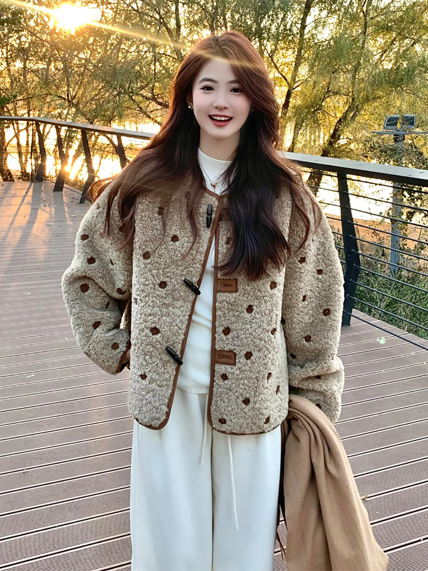 

Polka Dot Lamb Fur Jaet Women's Autumn Winter Double Sided Wear Loose Cotton Clothes Fce Upper Body Retro Sle