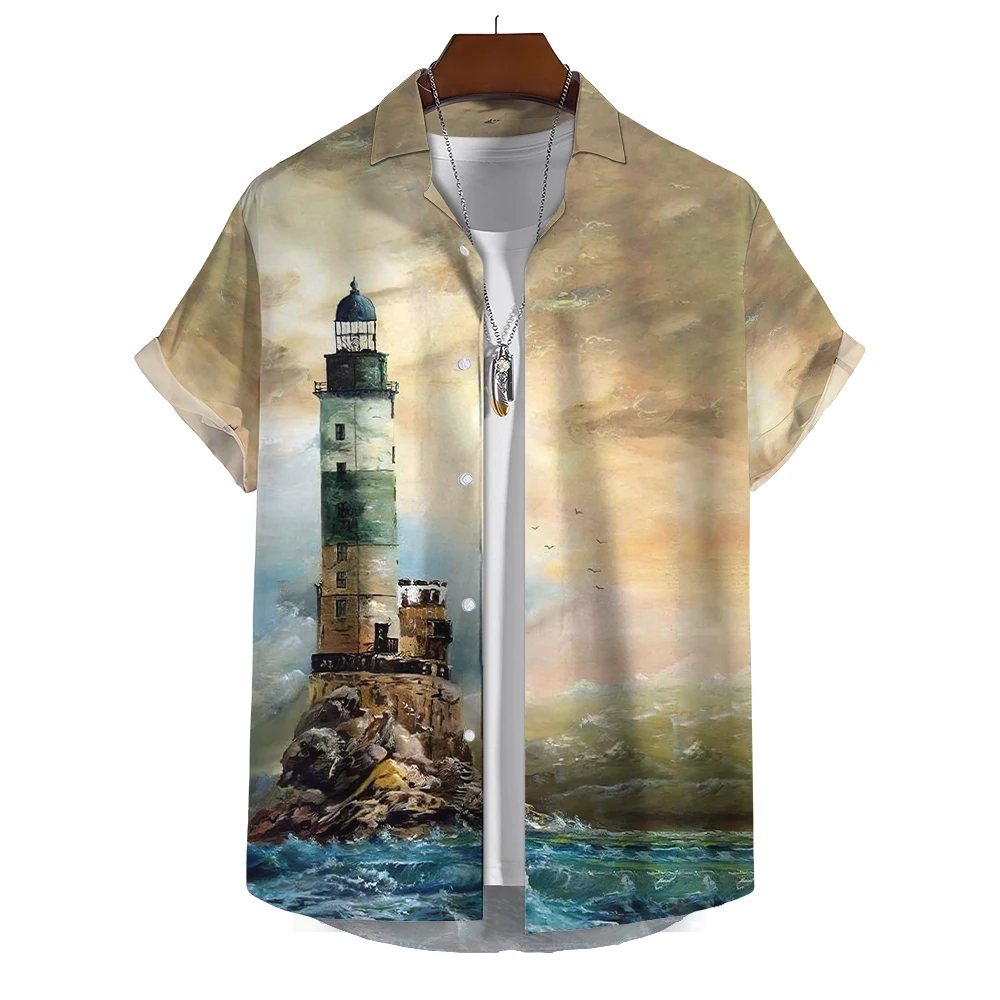 

Summer Shirt For Men Lighthouse 3d Printed Men‘S Clothing Loose Oversized Shirt Beach Party Short Sleeved Tops Hawaii Sweatshirt