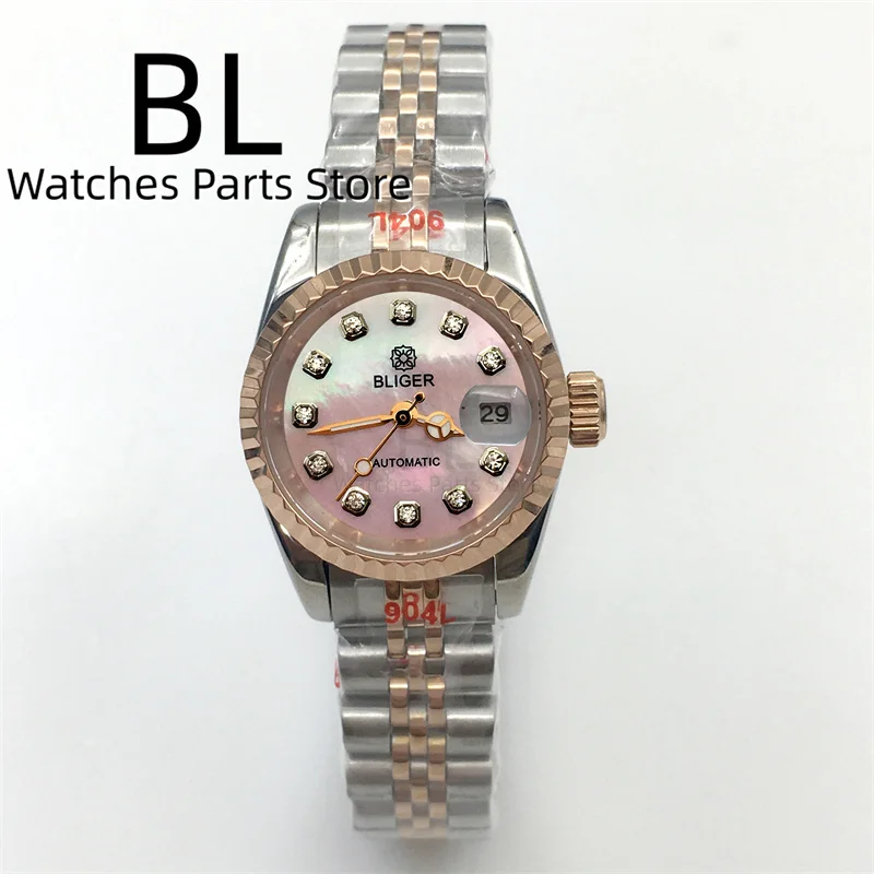 BLIGER 26mm NH05 Luxury Women\'s Watch Diamond Pink Mother Pearl Shell Dial Silver Rose Gold Jubilee Sapphire Glass Date Magnify