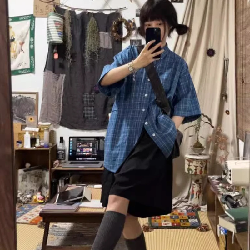

Japanese Vintage Harajuku Constrast Color Plaid Blouse Summer High Street Women Casual Buttons Shirts Y2k Punk Lazy Clothes
