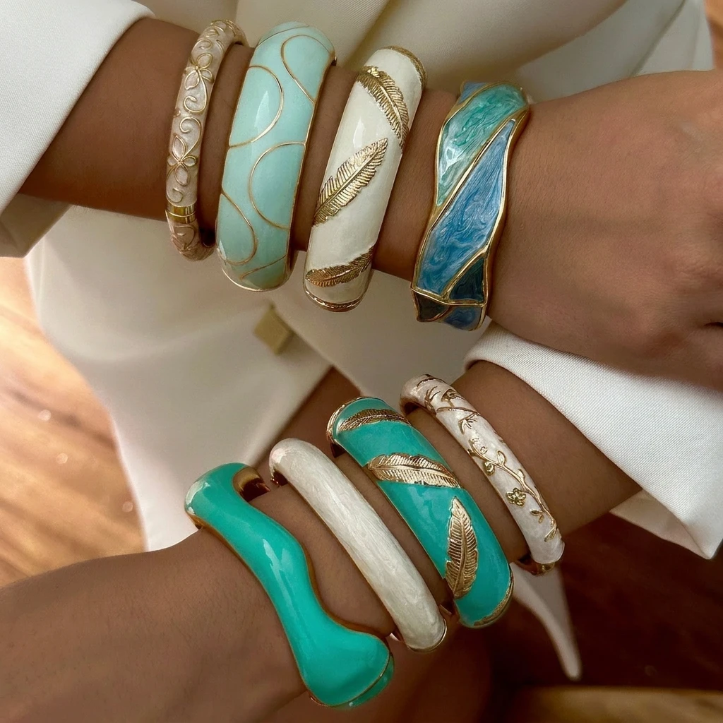 Bohemia Elegant Enamel Flower Bracelet For Woman Leaf Feather Floral Carving Irregular Wave Bangle Punk Y2K Jewelry Accessories