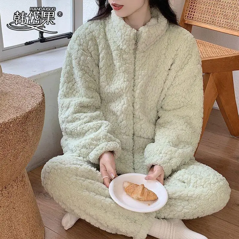 

Casual Flannel Zipper Thickened Two-piece Set Coral Fleece Long Sleeved Pajamas for Women Sexy Pajama Women's New