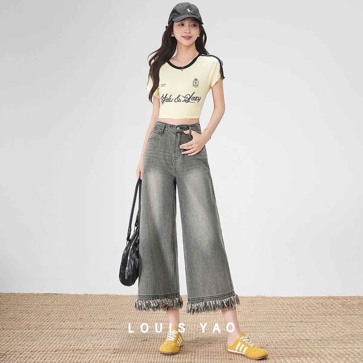 

LOUIS YAO Frayed Hem Cropped Jeans 2026 Summer & Autumn 2026 High-Waisted Vintage Premium Non-Stretch Women's Jeans