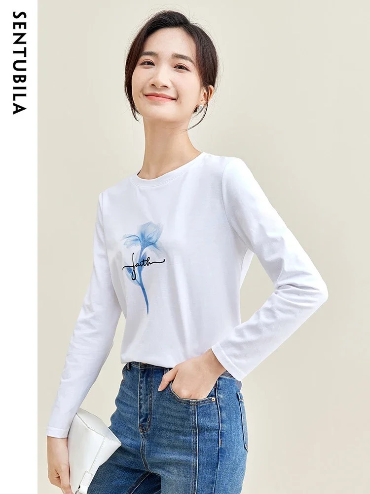 

SENTUBILA 100% Cotton White T-shirt Pullover Long Sleeve Tops 2025 Spring Fashion Simple Basic Tshirt Tees for Woman 133T50928