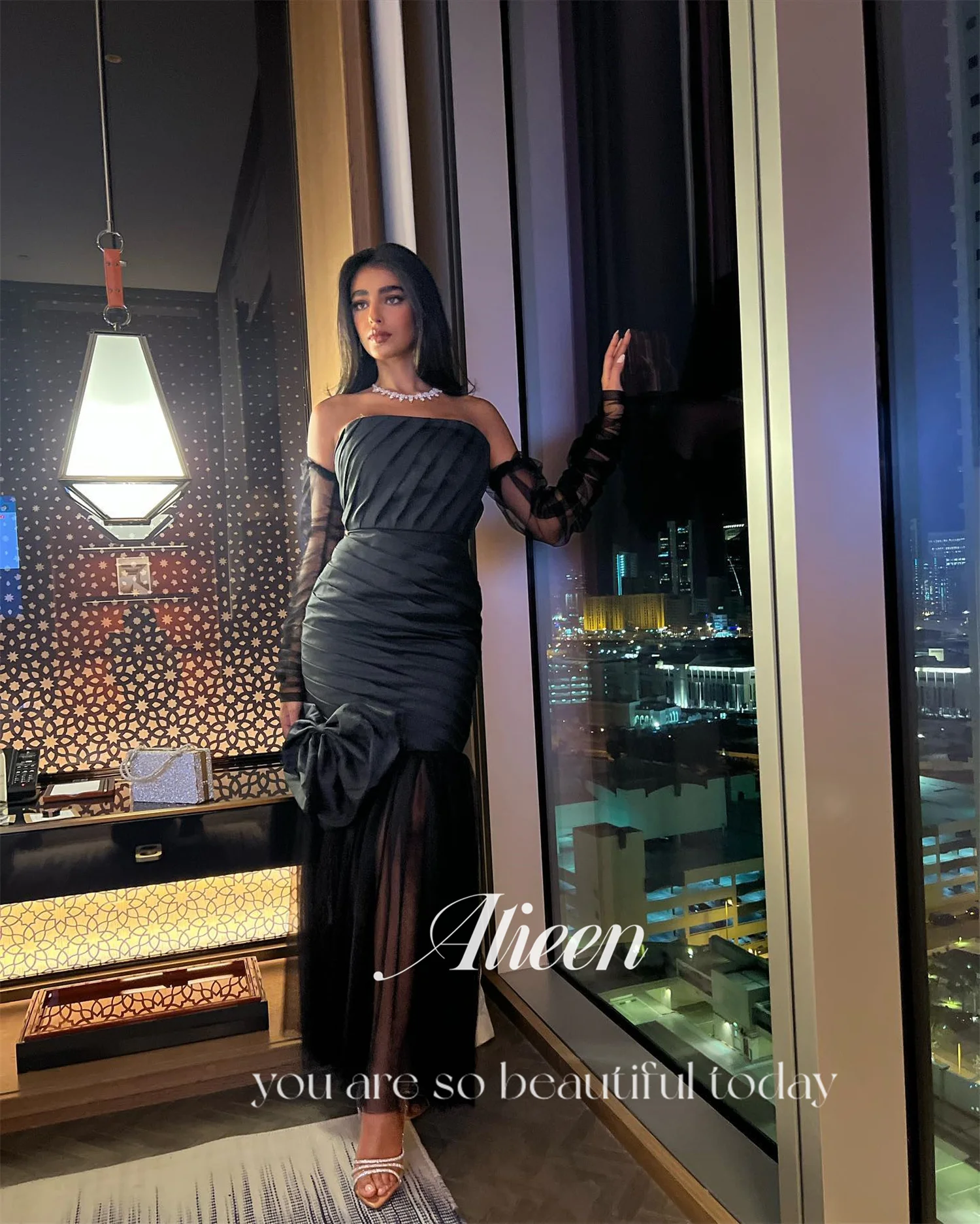 Aileen Damen-Abendparty-Kleider für besondere Anlässe, schwarzer Satin, lange Ballkleider, luxuriöse Vestidos De Festa فسات Cosa •Мة