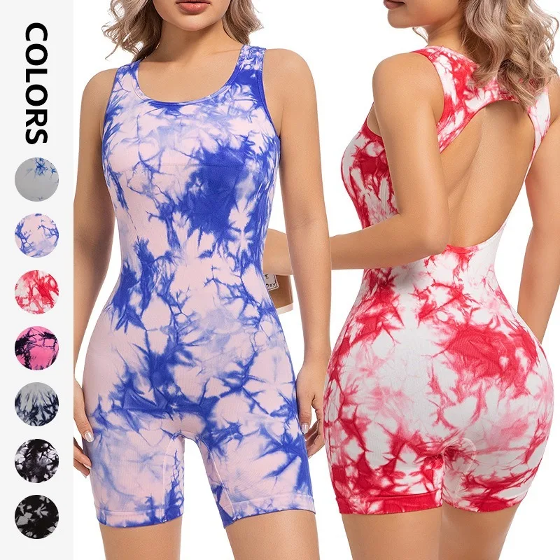 Women's Tie-Dye Yoga Bodysuit High Waist Tummy Control Built-in Bra Quick Dry Athletic Shapewear S/M