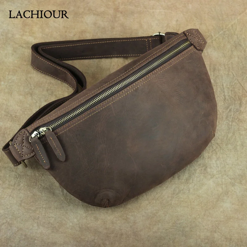 

Unisex Genuine Leather Chest Bag Men Crazy Horse Lether Fanny Packs Male Fashion Waist Men's Sling Shoulder