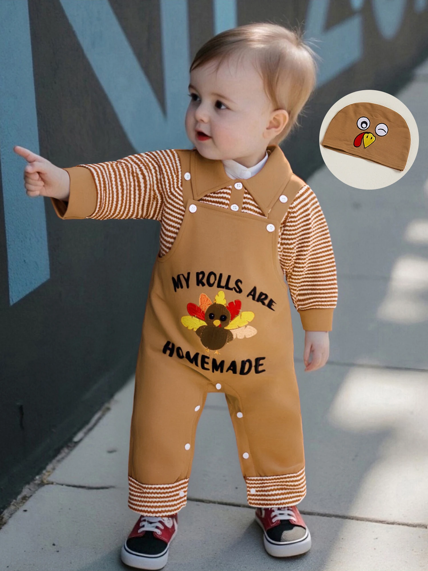 

Baby Girl Thanksgiving Outfit Plaid Ruffle Sleeve Bodysuit Pumpkin Embroidery Skirt Leggings Headband 4Pcs Set