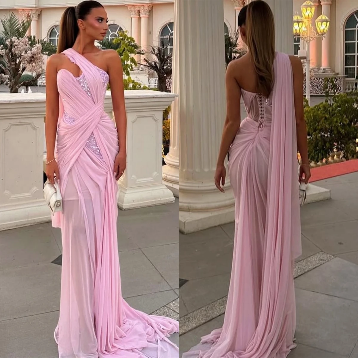 

Customized Elegant Pink Chiffon Evening Dress Sexy One Shoulder Sleeveless Celebrity Gowns Soft Sequined Lace Up Back Prom Dress