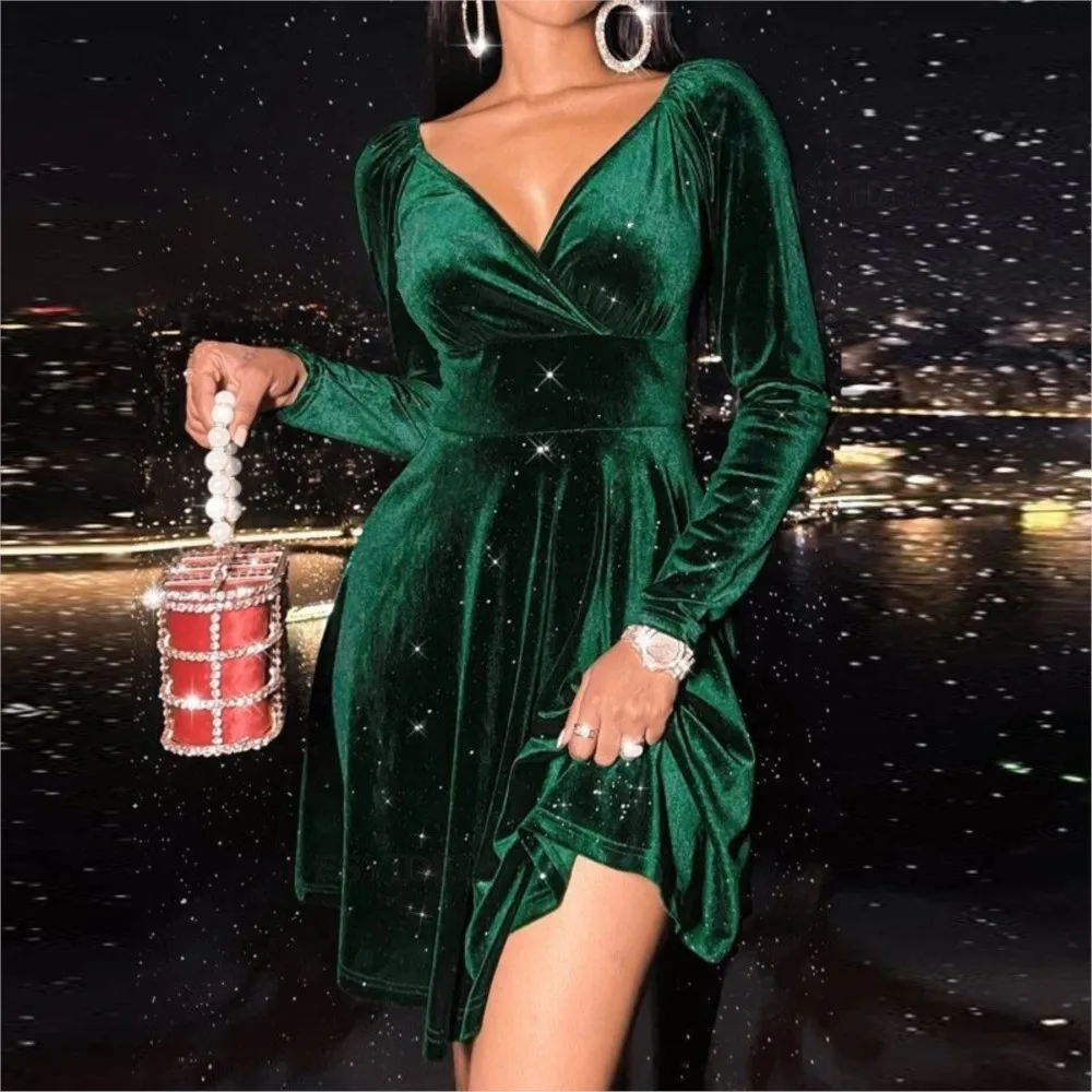 Autumn Winter New Solid Color Long Sleeve Sexy Deep V Neck Women's Dress Fashion Slim Fit Elegant Female Christmas Party Dress