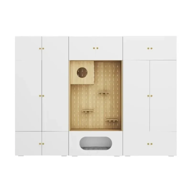 Weißer Kleiderschrank mit Holzmaserung und Katzenkletterwand, 270x50x200cm, mit Kleiderstange, Stauraum für Schlafzimmer und Flur