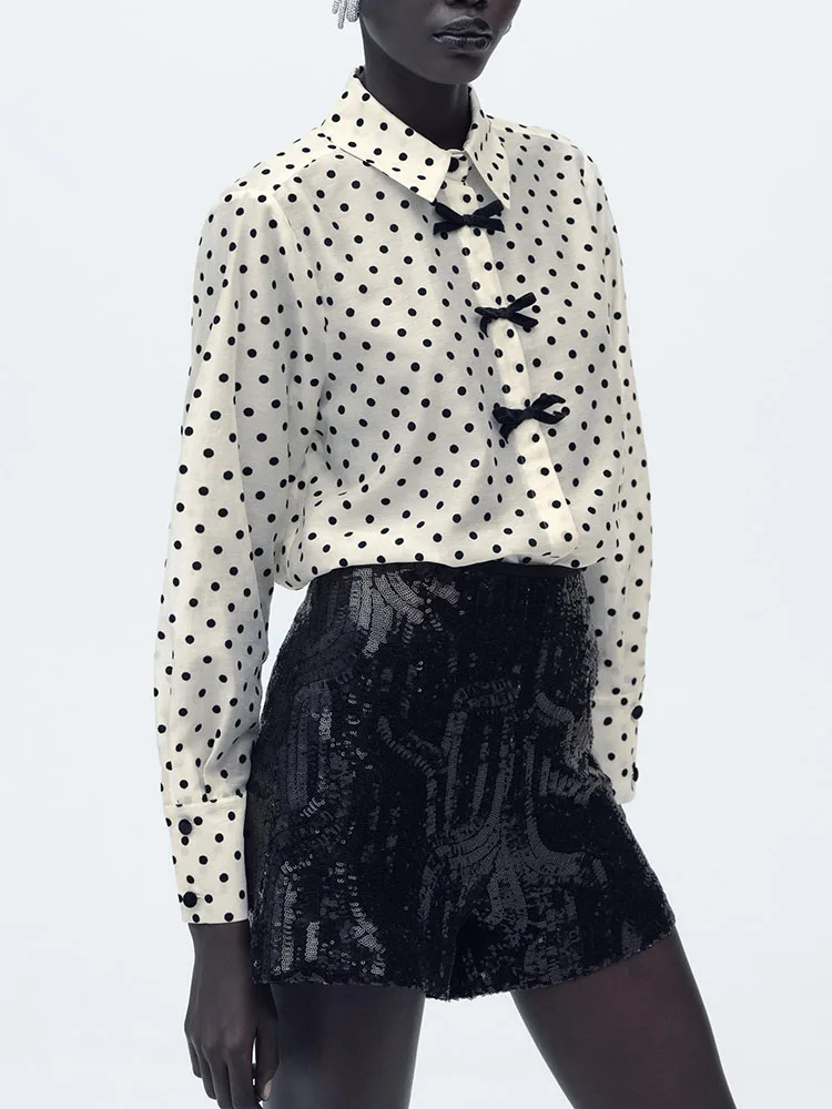 Lente nieuwe collectie dames casual irt met stippen vlinderdas lange Sve turn-down kraag losse pasvorm woon-werkverkeer sle 236623