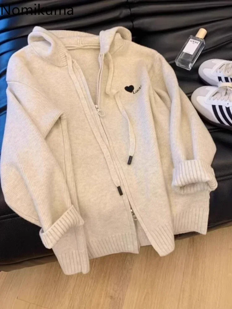

Hooded Women Cardigan Coat Sueter Mujer Love Embroidery Zipper Casual Knit Sweater Tops Pull Femme 2025 Autumn Winter Clothing