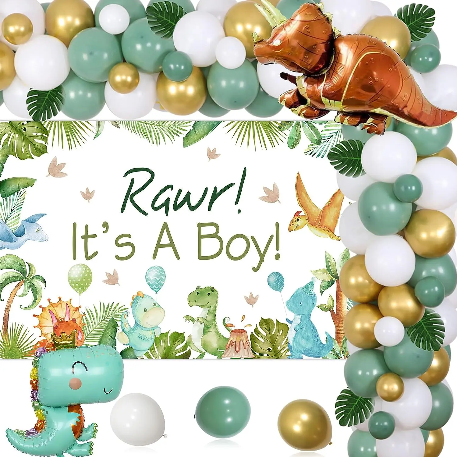 Sage Green Dinosaur Balloon Garland Kit with Artificial Tropical Leaves Leaves, Baby Shower Decorations, Its a Boy Backdrop