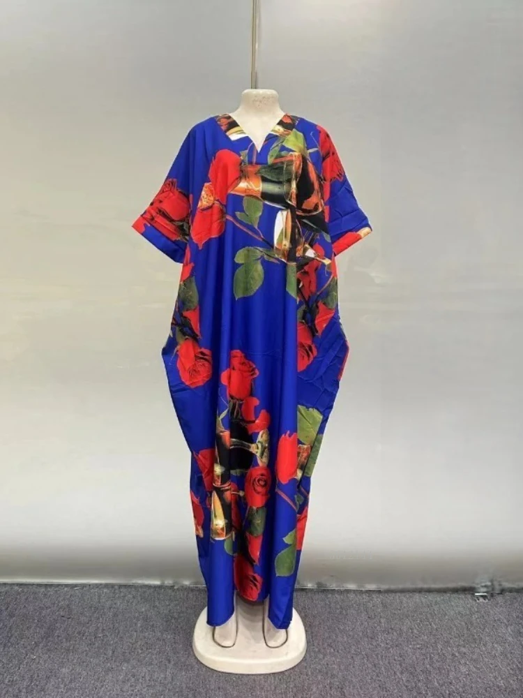 

2026 Новое модное элегантное женское летнее свободное платье макси с v-образным вырезом и африканским цветочным принтом из полиэстера с карманами и v-образным вырезом